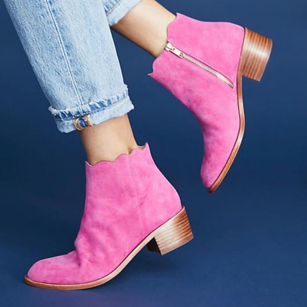 Anthropologie Pink Suede Scalloped Ankle Booties